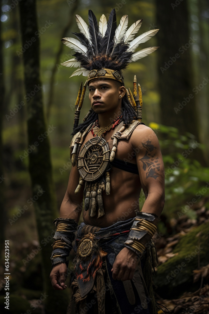 Illustration of a Mohawk warrior in a forest. 
