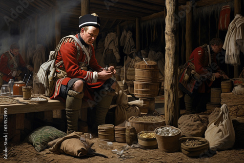 Life at a fur trading post in North American in historical colonial period of Canada and the United States.  photo