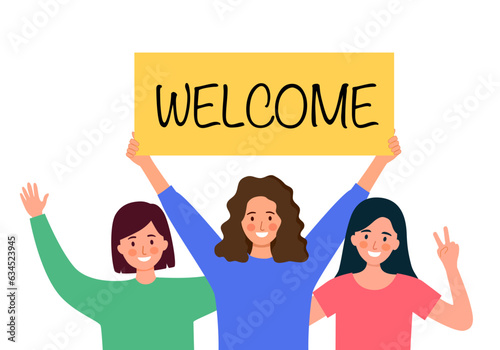 Group of people holding welcome sign with cheerful greetings in flat design. People welcoming concept.