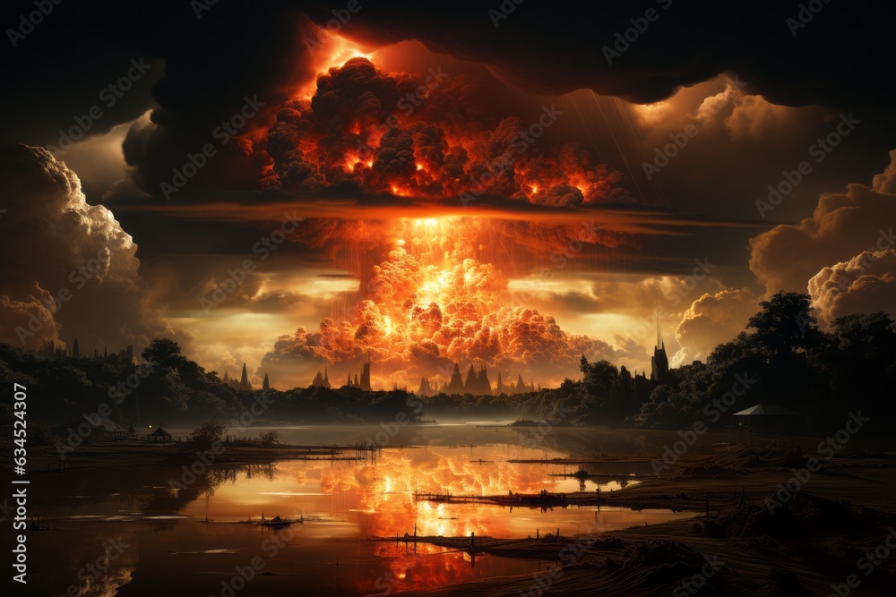 A chilling atomic explosion gives rise to a gargantuan mushroom cloud, epitomizing mankind's immense power and potential for devastation.