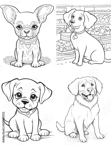 Dog Character Vector, Coloring Book Page with dogs, Coloring page outline of a cute Puppy, coloring page with Animal character
