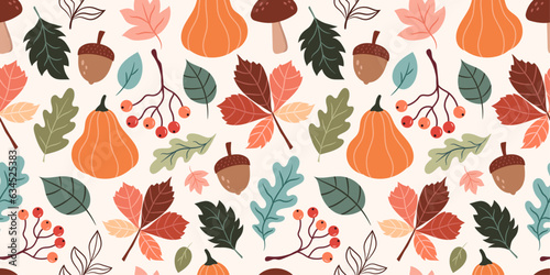 Seamless vector autumn pattern with leaves and pumpkins, mushrooms