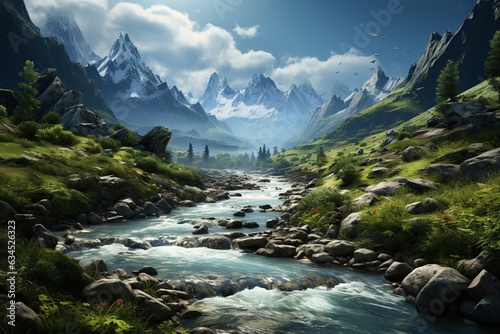 majestic landscape  featuring a breathtaking mountain range with a cascading waterfall and vibrant flora.