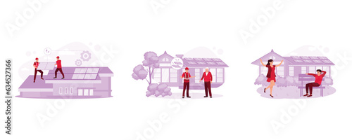 Isometric solar cell power plant roof maintenance team. Solar panels on the roof of the house. Couple in the garden of a solar panelled house. Solar panel concept. 