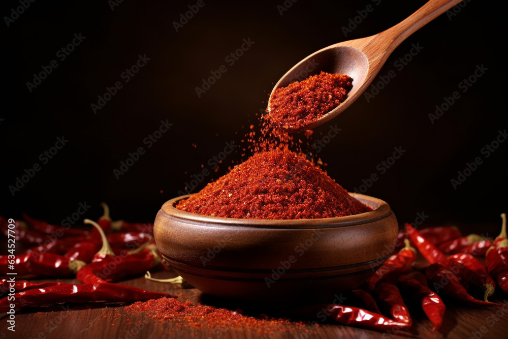 A wooden spoon pouring chili powder into a bowl, chili powder in wooden spoon, Generative AI - obrazy, fototapety, plakaty 