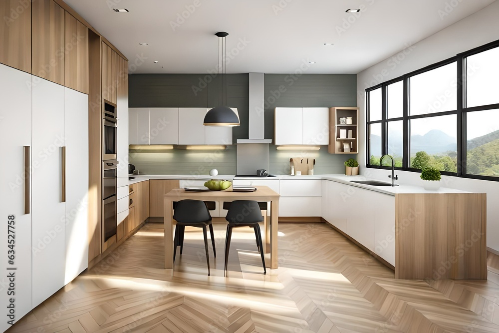 Fototapeta premium Modern contemporary kitchen room interior in white and wood material. 3d rendering. Modern kitchen interior