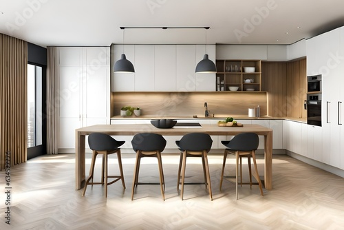Modern contemporary kitchen room interior in white and wood material. 3d rendering