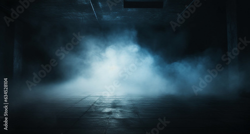 A dark room with smoke coming out of it, Night scene with fog, dark Empty place, Generative AI © Kafi