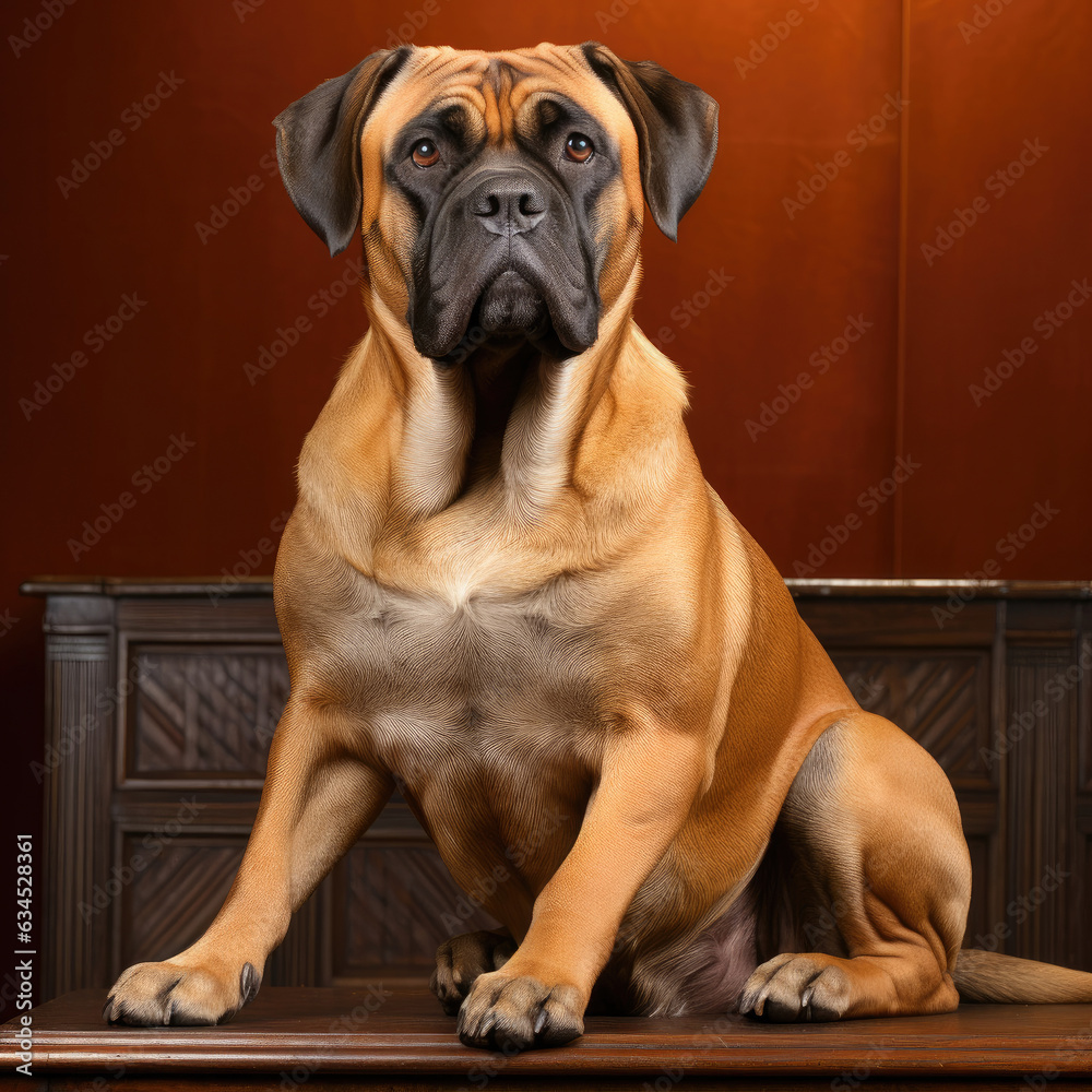 A powerful Bullmastiff exudes strength and confidence in a studio.