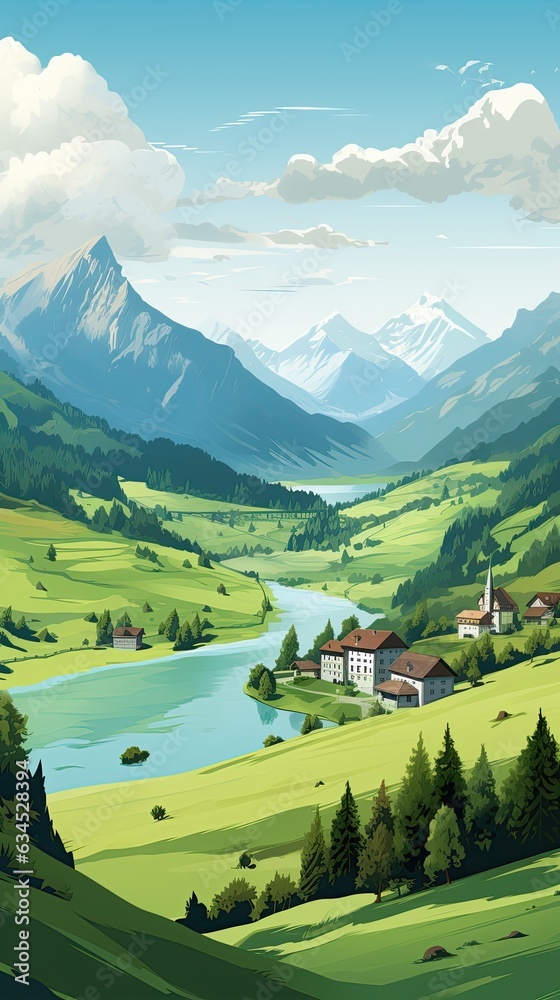 switzerland Landscape, water color, vector, illustration.