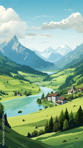 switzerland Landscape, water color, vector, illustration.