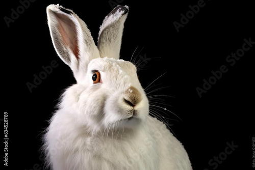 A quiet Snowshoe Hare with white fur and twinkling eyes against a black background.