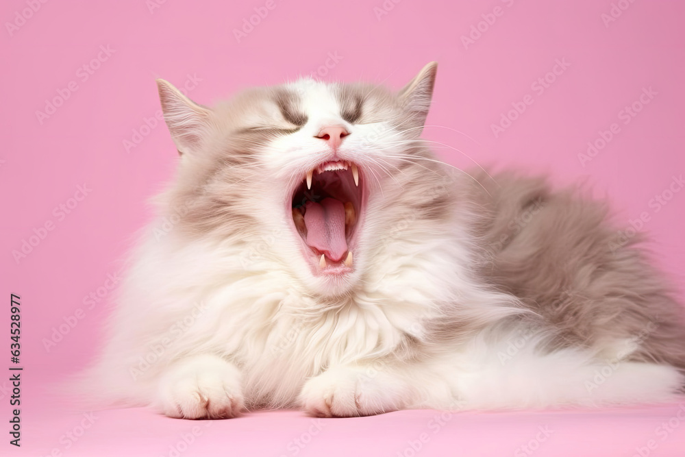 A somnolent Ragamuffin cat with captivating blue eyes yawning against a pastel pink backdrop, showcasing its long, plush fur and sleepy demeanor.