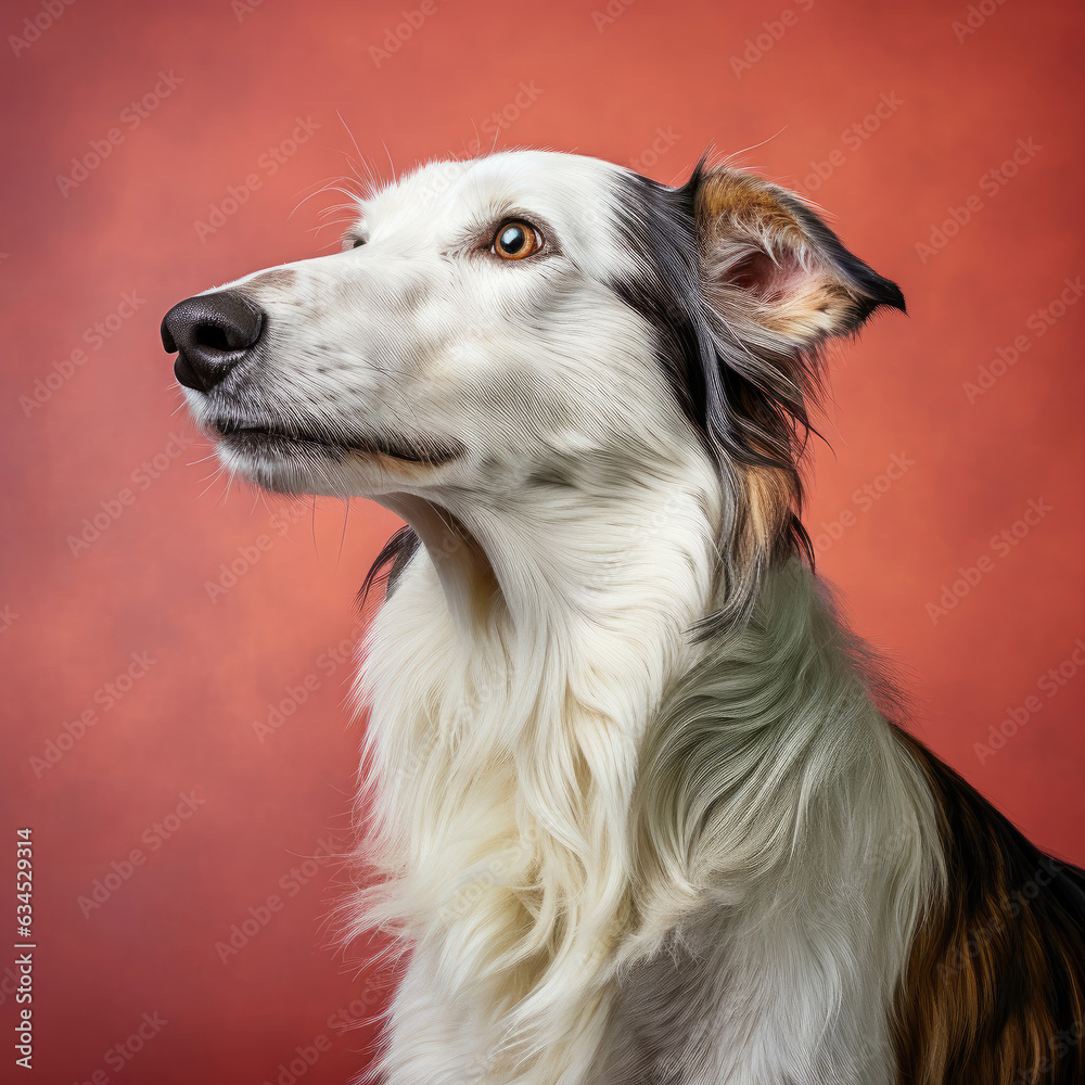 A sleek and attentive Borzoi stands against a pastel backdrop. A sleek and attentive Borzoi stands against a pastel backdrop.