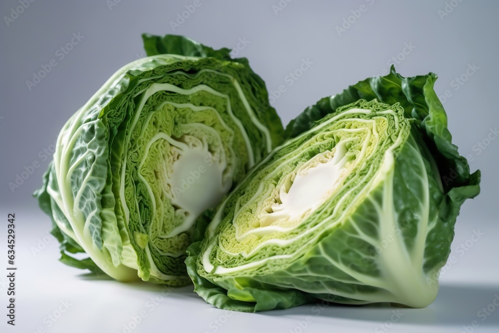 Fototapeta premium Captivating View Halved Head of Cabbage Revealing Intricate Layers and Vibrant Colors