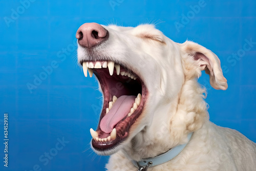 A happy Poodle with a cream-colored coat chuckling against a solid sky blue background.