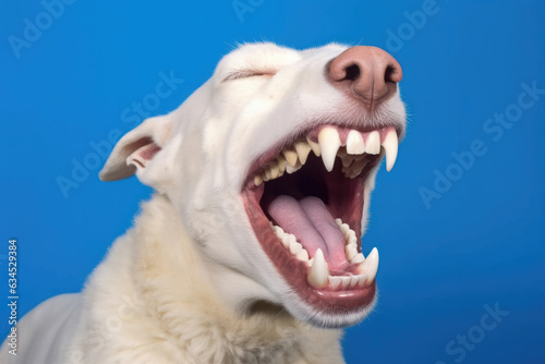 A happy Poodle with a cream-colored coat chuckling against a solid sky blue background. © blueringmedia