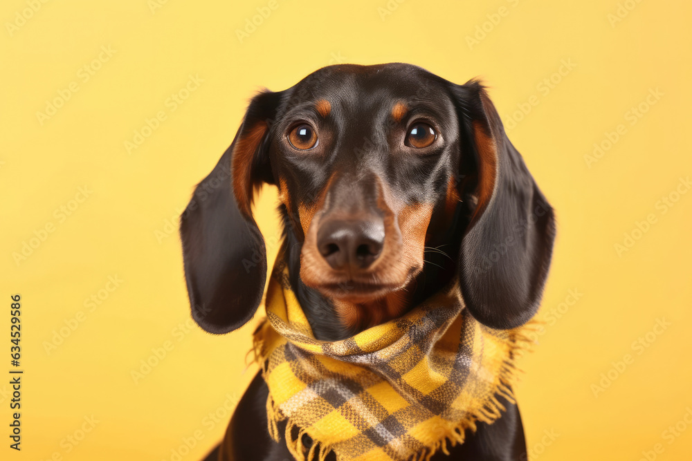 A delightful Dachshund wearing a checkered handkerchief against a pastel yellow backdrop.
