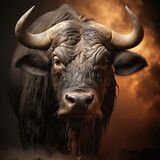 A rugged buffalo with massive horns reflects strength and defiance.