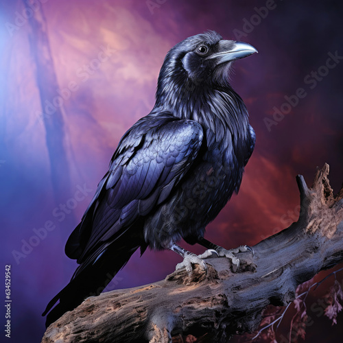 A clever raven with dark feathers and intelligent eyes reflects mystery and intelligence against a night pastel backdrop.