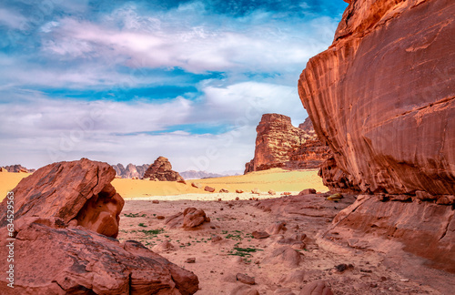 Scenic landscape in Wadi Rum  aka Valley of the Moon   a valley cut into the sandstone and granite rock in southern Jordan.