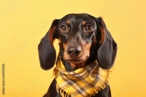 A delightful Dachshund wearing a checkered handkerchief against a pastel yellow backdrop. © blueringmedia