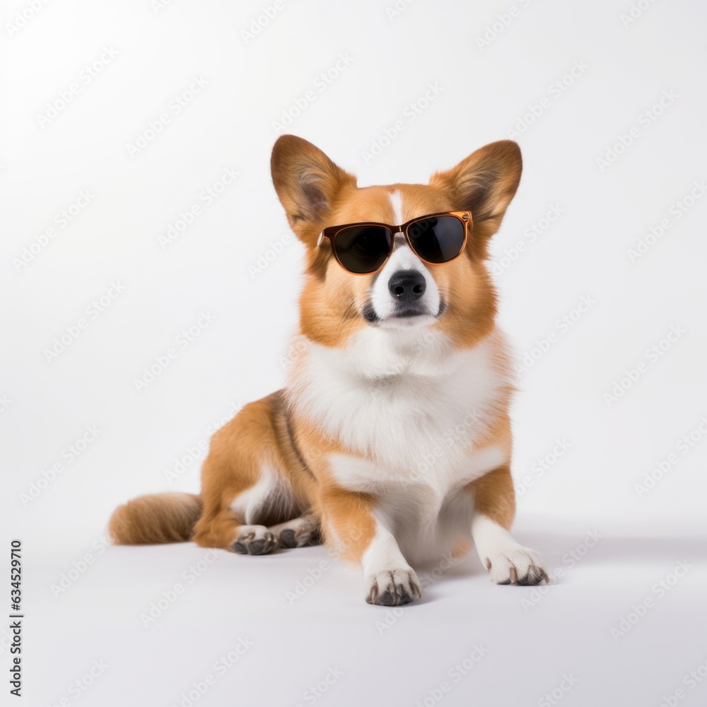 Cute dog with glasses studio photo with plain background