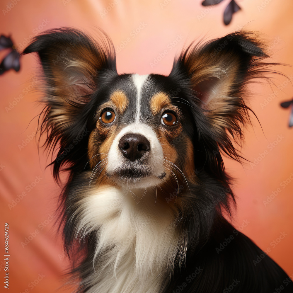 A curious Papillon with large ears and inquisitive eyes in a studio with an apricot pastel backdrop reflects wonder and interest.