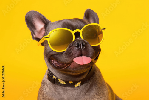 "A French Bulldog looking stylish in aviator sunglasses against a vibrant yellow backdrop."