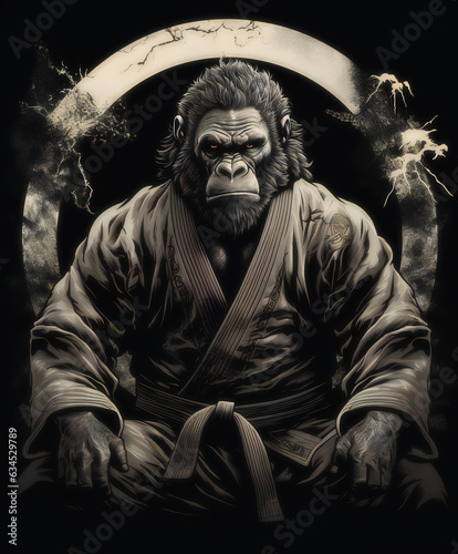 Gorilla Embracing Brazilian Jiu Jitsu with BJJ Logo Style