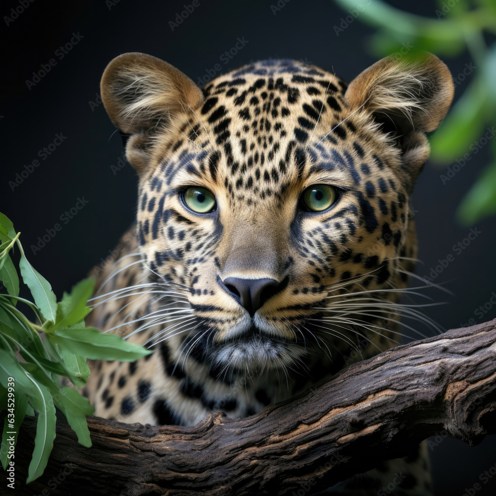A sleek and elegant leopard gazes from a tree branch against a dark green pastel backdrop, exuding stealth and mystery.