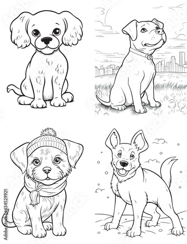 Dog Character Vector, Coloring Book Page with dogs, Coloring page outline of a cute Puppy, coloring page with Animal character