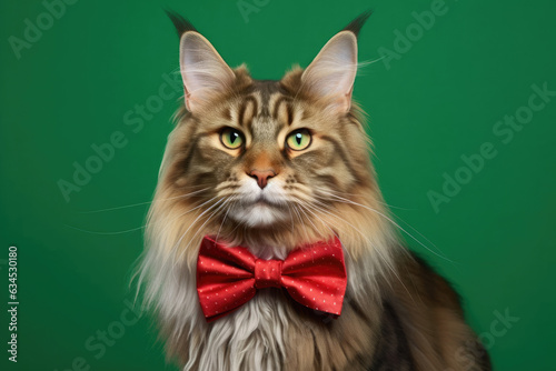 A Maine Coon Cat looking impressively dapper in a red velvet bow tie against a soft green background.