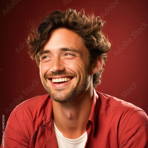 A cheerful man in his 30s radiates joy and friendliness as he laughs openly against a ruby pastel background. © blueringmedia