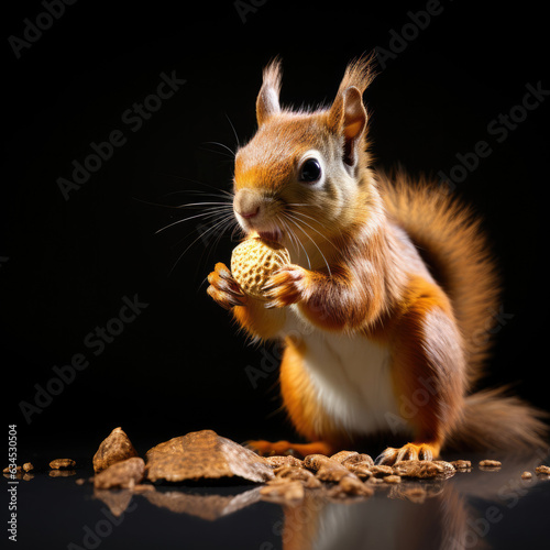 A charming squirrel with a bushy tail prepares to nibble a nut against a solid brown background.