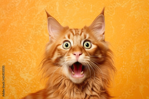 A surprised Maine Coon with wide, green eyes and tufted ears against a pastel yellow background, its thick, russet coat adding to its startled appearance.