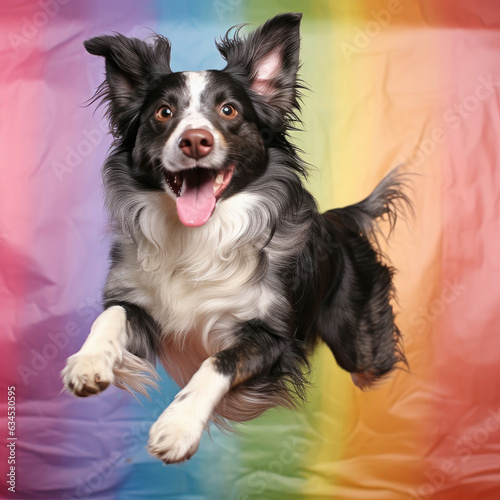 Energetic and intelligent Border Collie leaps in front of vibrant pastel background. © blueringmedia