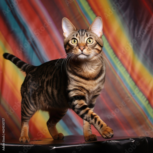A wild and energetic Toyger leaps in front of a tiger-striped pastel background in a studio. © blueringmedia