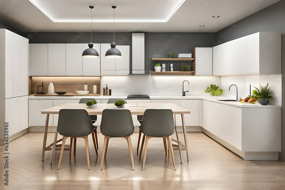 Modern new light kitchen interior with white furniture and dining table.