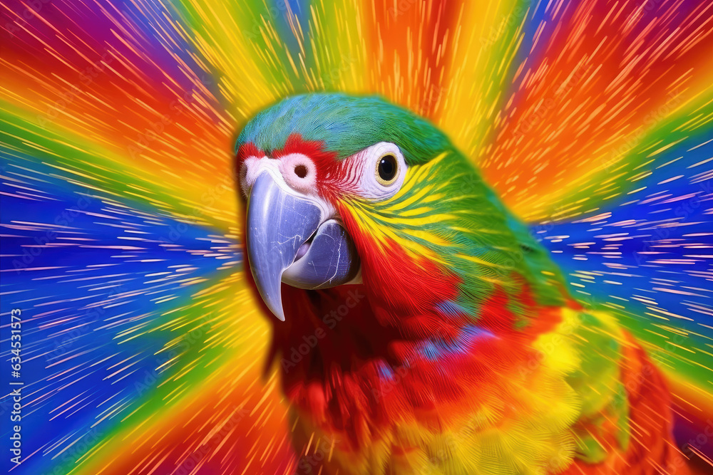 Obraz premium A dynamic and vivacious image of a vibrant parrot chattering against a rainbow-striped backdrop.