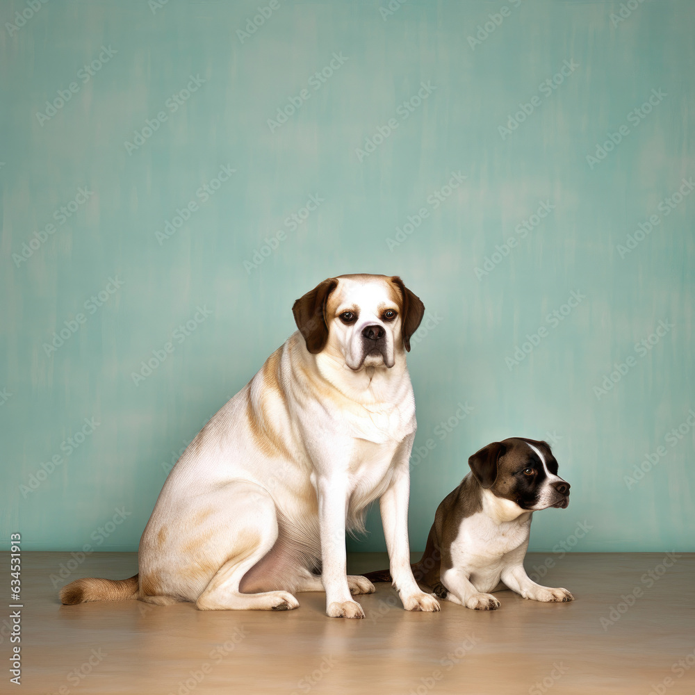 A gentle Saint Bernard gazes lovingly at a child in a studio with a beige pastel backdrop. A gentle Saint Bernard gazes lovingly at a child in a studio with a beige pastel backdrop.
