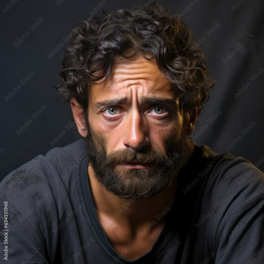 A hopelessly defeated Middle Eastern man in his 20s slumps against a deep grey pastel backdrop, reflecting his despair through his forlorn eyes and exaggerated frown. A hopelessly defeated Middle Eastern man in his 20s slumps against a deep grey pastel backdrop, reflecting his despair through his forlorn eyes and exaggerated frown.