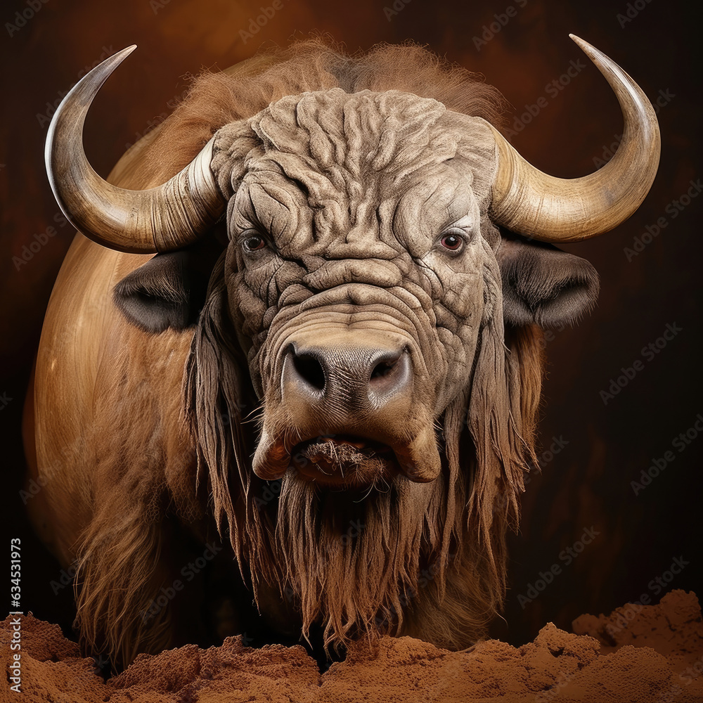 Naklejka premium A wise old Buffalo stands firm against a rugged brown pastel background.