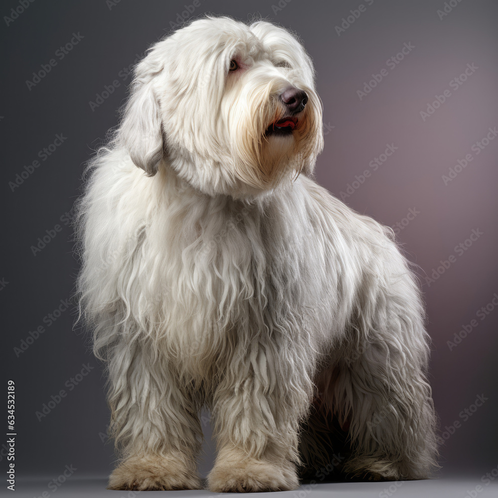 A wise Old English Sheepdog gazes thoughtfully in a studio with a white pastel background, conveying wisdom and understanding.