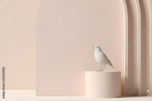 Minimal scene with podium, bird and abstract background. Pastel cream and beige colors scene. Trendy 3d render for social media banners, promotion, cosmetic product show, fashion