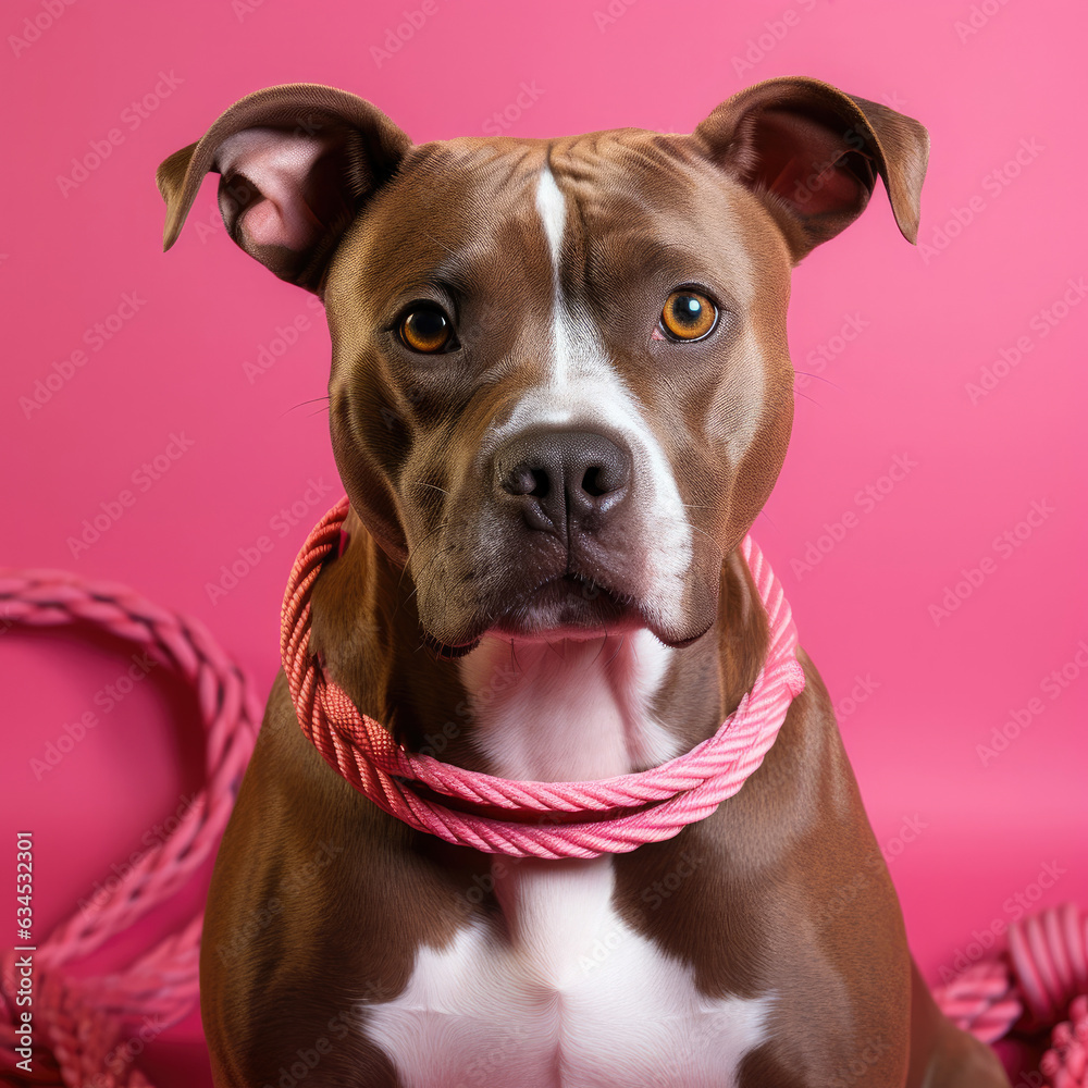 A strong and focused American Staffordshire Terrier shows determination and strength as it pulls on a rope in a studio with a red pastel backdrop.