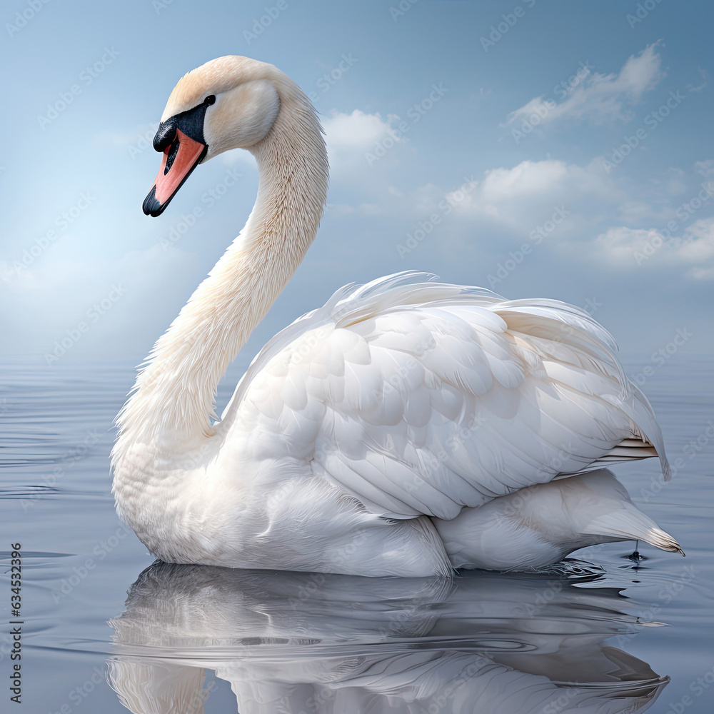 Fototapeta premium A beautiful white swan with a long neck and delicate feathers glides against a serene pastel background.
