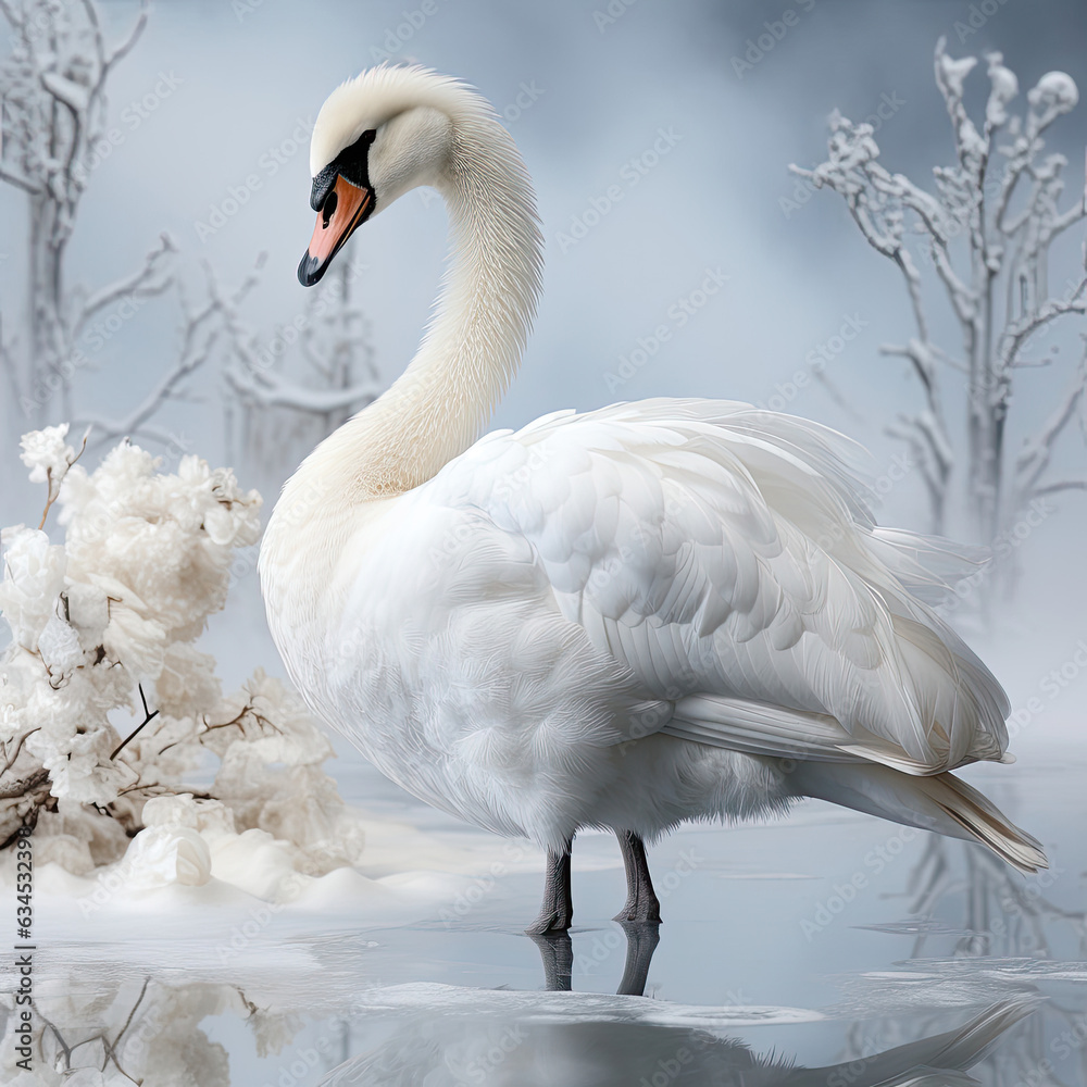 Obraz premium A beautiful white swan with a long neck and delicate feathers glides against a serene pastel background.