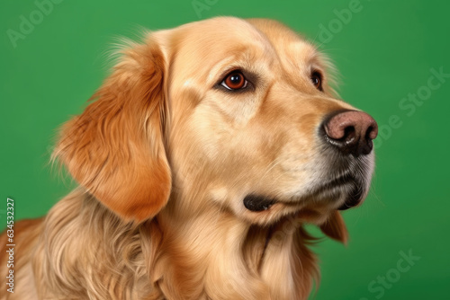 "Headshot of a Canis lupus familiaris, a Golden Retriever, with a golden coat and light brown eyes on a vibrant green backdrop."