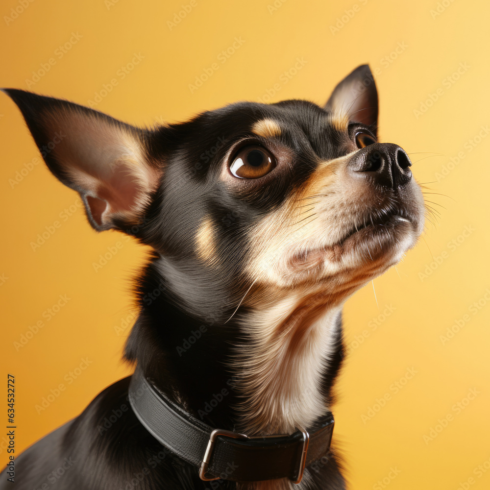 A vulnerable and sweet Chihuahua poses against a pastel backdrop.